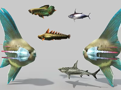 Various Fish Shaped Game Movie Characters Featuring Shark Tropical Fish And Unique Designs 3d model