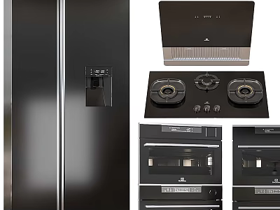 Modern High Quality Kitchen Appliances Featuring Refrigerator Range Hood Gas Stove And Ovens 3d model