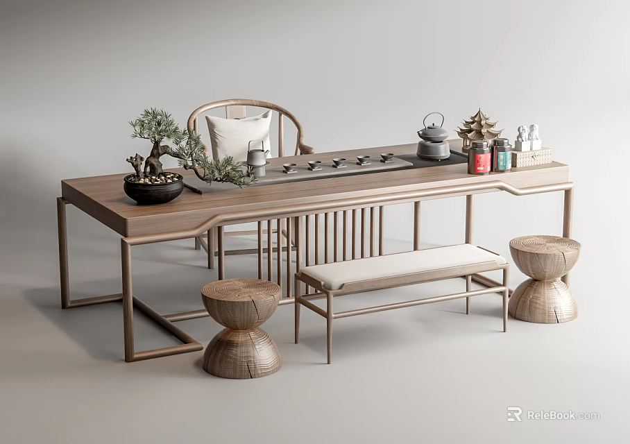 Wooden Chinese Style Tea Table And Chairs With Tea Sets Potted Plants And Stools 3d model 
