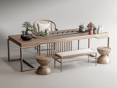 Wooden Chinese Style Tea Table And Chairs With Tea Sets Potted Plants And Stools 3d model