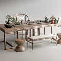 Wooden Chinese Style Tea Table And Chairs With Tea Sets Potted Plants And Stools
