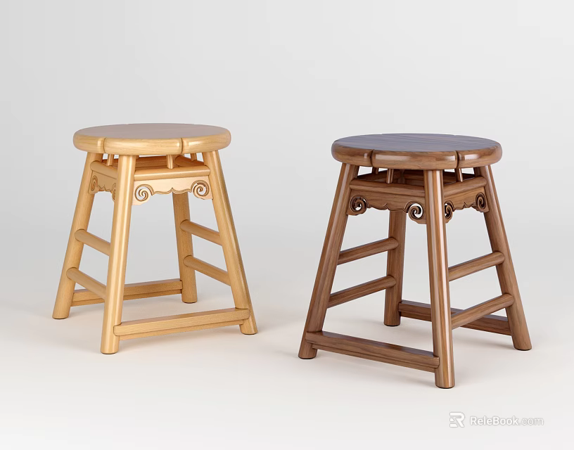 Two Wooden Stools With Round Seats And Cross Legs In Light And Dark Tones 3d model 