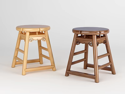 Two Wooden Stools With Round Seats And Cross Legs In Light And Dark Tones 3d model