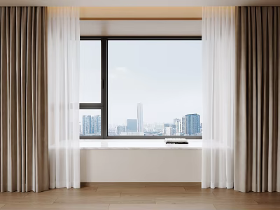 Modern Layered Curtains With Beige And White Fabric For Window City View 3d model