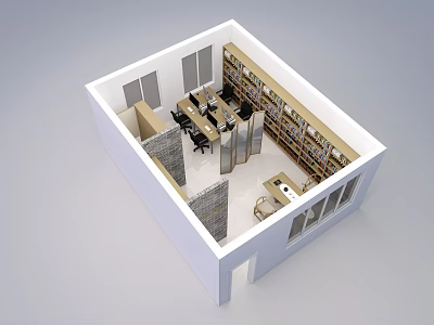 Public Office Space Modern Open Layout With Desks Bookshelves And Office Furniture 3d model