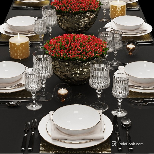 Dining Tableware Set With White Bowls Crystal Glasses Red Flowers And Candles On Black Table 3d model 