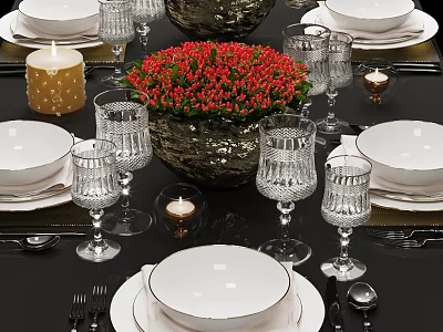 Dining Tableware Set With White Bowls Crystal Glasses Red Flowers And Candles On Black Table 3d model