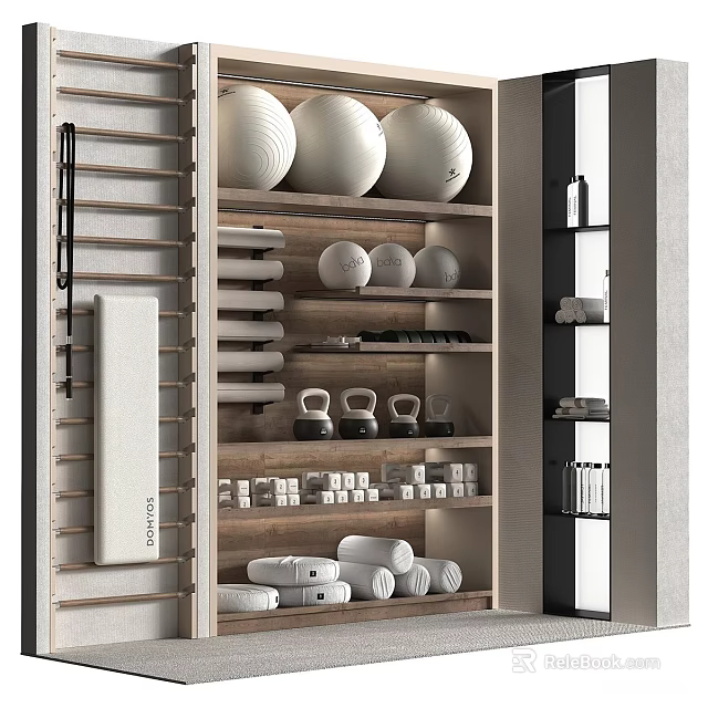 Organized Home Gym Storage With Exercise Balls Kettlebells Yoga Mats And Towels On Shelves 3d model 