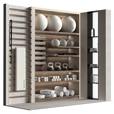 Organized Home Gym Storage With Exercise Balls Kettlebells Yoga Mats And Towels On Shelves 3d model