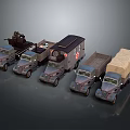 Various Military Vehicles Including Ambulance Cargo Trucks And Weapon Mounted Units