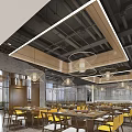 Modern Hotpot Restaurant Interior With Wooden Ceiling Pendant Lights Yellow Chairs And Decorative Wall Art