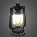 Vintage Candle Lantern Lamp With Black Metal Frame And Wooden Base Illuminated