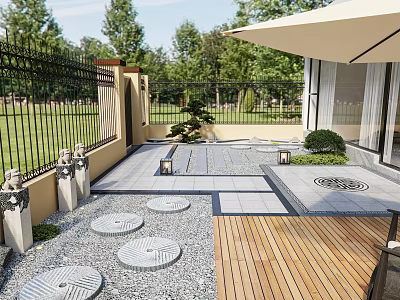 Garden Landscape Design With Iron Fence Lawn Stone Paving Wooden Deck Shrubs And Beige Umbrella 3d model