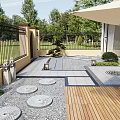 Garden Landscape Design With Iron Fence Lawn Stone Paving Wooden Deck Shrubs And Beige Umbrella