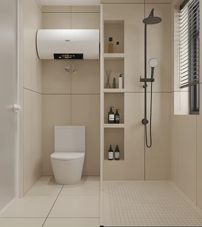 Modern Bathroom Interior Design With Toilet Water Heater Shelves And Beige Tiled Walls 3d model