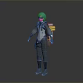 Green Haired Character In Tech Inspired Outfit With Biological Themed Backpack Design Elements