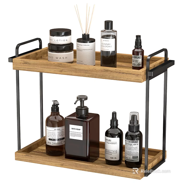 Two Tier Bathroom Shelf with Wooden Tray and Black Metal Frame Holding Toiletries 3d model 