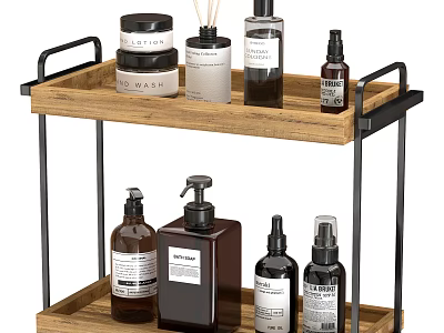 Two Tier Bathroom Shelf with Wooden Tray and Black Metal Frame Holding Toiletries 3d model