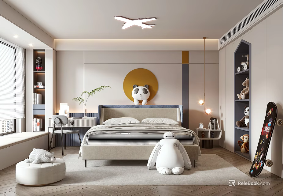 Modern Kids Room Interior With Airplane Lamp Panda Plush Cozy Bed And Bookshelf 3d model 
