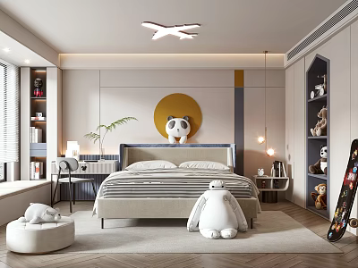 Modern Kids Room Interior With Airplane Lamp Panda Plush Cozy Bed And Bookshelf 3d model