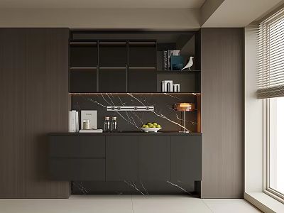 Modern Dark Wood Sideboard with Marble Countertop Fruits Coffee Machine Lamp and Storage Cabinets 3d model