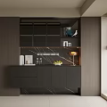 Modern Dark Wood Sideboard with Marble Countertop Fruits Coffee Machine Lamp and Storage Cabinets
