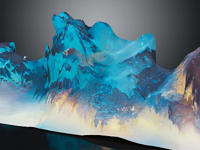 Artistic Garden Landscape With Blue And Purple Mountains And Misty Clouds 3d model