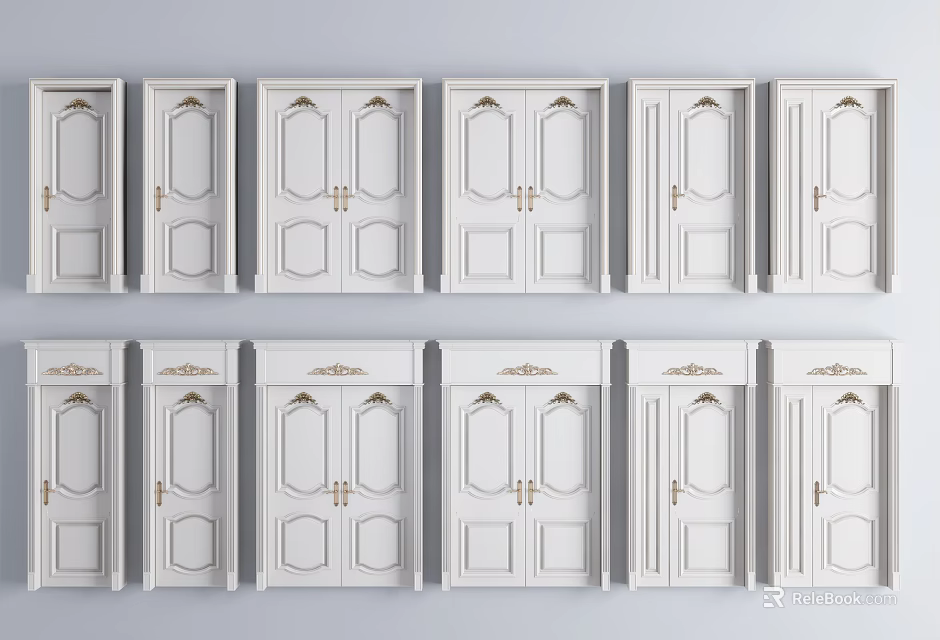 White Hinged Doors With Decorative Panels And Golden Handles For Interior Design 3d model 