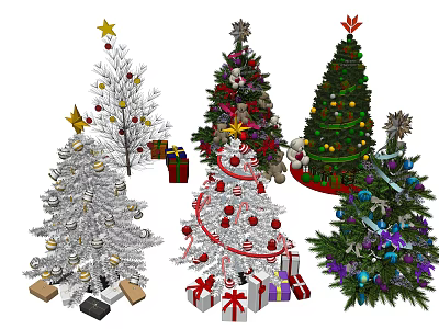 Various Decorated Christmas Trees With Stars Colorful Ornaments Gifts And Ribbons 3d model