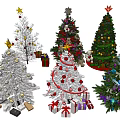 Various Decorated Christmas Trees With Stars Colorful Ornaments Gifts And Ribbons