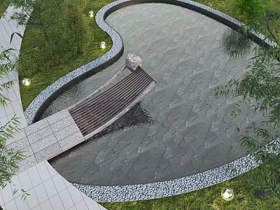 Beautiful Water Fountain in Garden with Stone Path Green Grass and Ambient Lighting 3d model