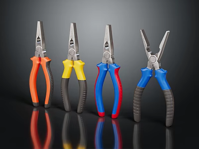 Different Colored Handle Pliers With Metallic Heads On Reflective Surface 3d model