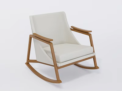 Wooden Rocking Leisure Chair with Light Beige Fabric Cushion and Curved Armrests in Modern Style 3d model