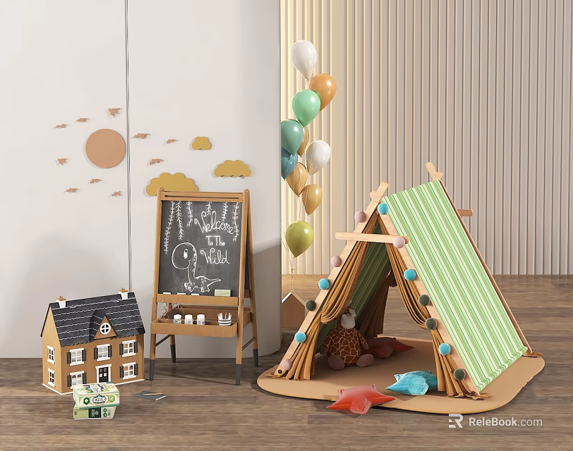 Kids Play Tent Green Brown with Toy House Blackboard Colorful Balloons Sun Cloud Wall Decor 3d model 
