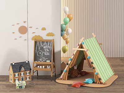 Kids Play Tent Green Brown with Toy House Blackboard Colorful Balloons Sun Cloud Wall Decor 3d model