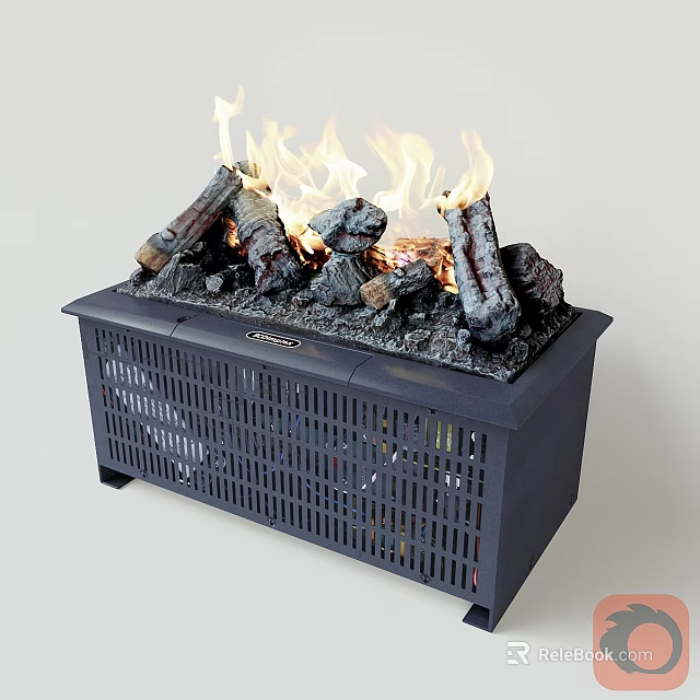 Modern Freestanding Fireplace With Realistic Flames Burning Wood Logs And Grilled Base 3d model 