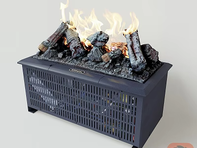 Modern Freestanding Fireplace With Realistic Flames Burning Wood Logs And Grilled Base 3d model