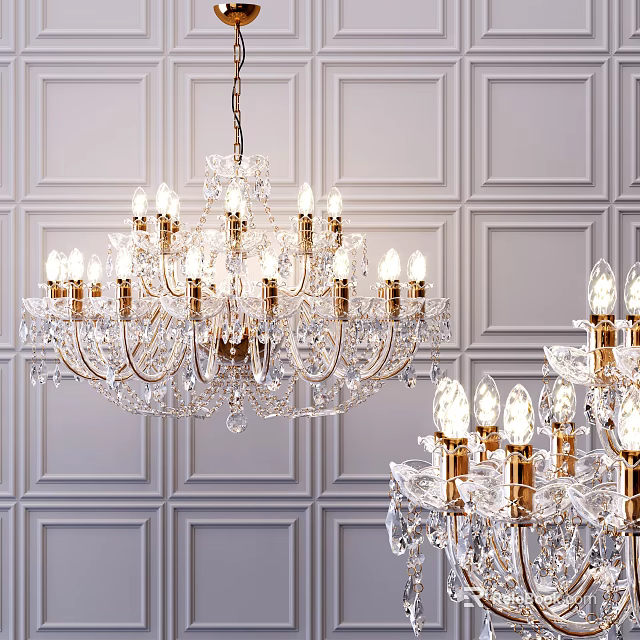 Elegant Crystal Chandelier With Crystal Pendants And Golden Details Against White Paneled Walls 3d model 