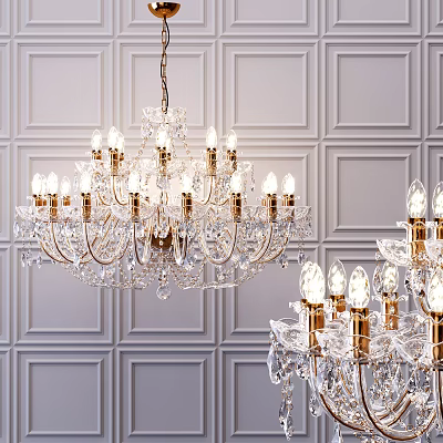 Elegant Crystal Chandelier With Crystal Pendants And Golden Details Against White Paneled Walls 3d model