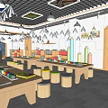 Colorful Kindergarten Classroom Interior with Wooden Tables Stools Bookshelves and Ceiling Art