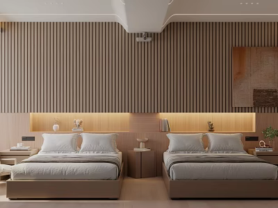 Modern Hotel Guest Room with Wooden Striped Walls Lighted Headboard Twin Beds and Nightstands 3d model