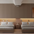 Modern Hotel Guest Room with Wooden Striped Walls Lighted Headboard Twin Beds and Nightstands
