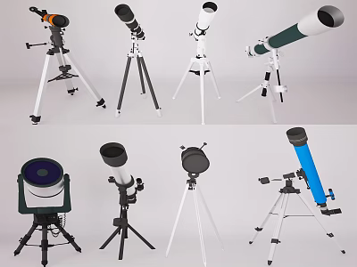 Various Telescopes With Tripod Stands In Different Styles And Colors 3d model