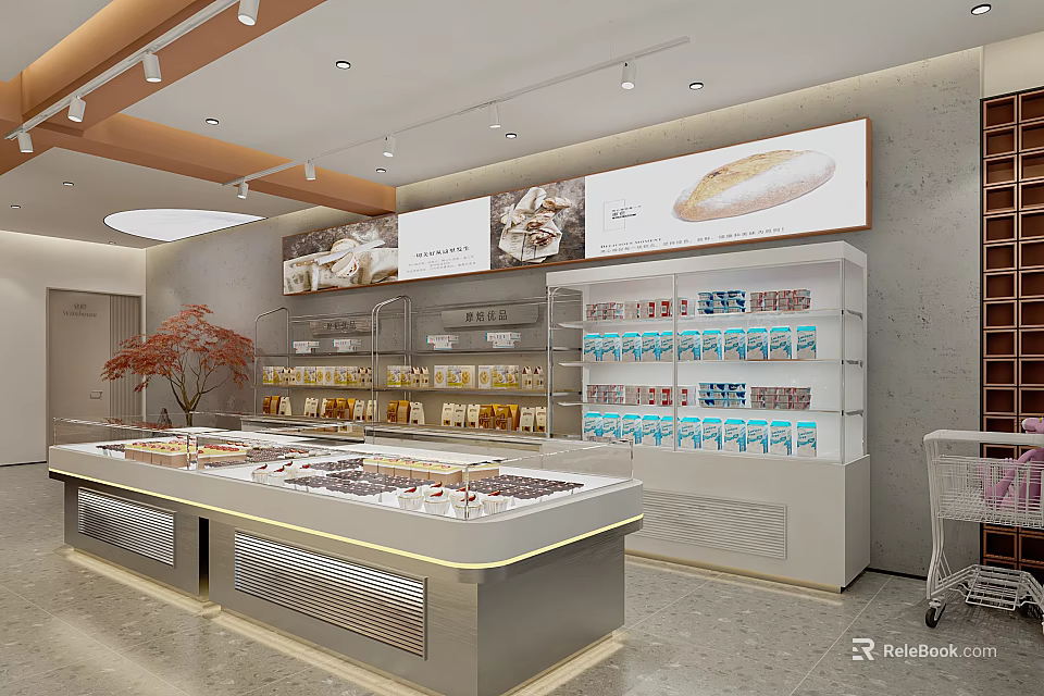Modern Dessert Shop Interior With Glass Display Cases Shelves And Displayed Desserts 3d model 