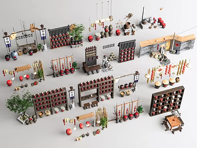 Traditional Market Stalls with Various Displayed Goods Shelves Pottery Bamboo Items and Decorative Plants 3d model