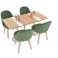 Wooden Rectangular Dining Table Set With Green Upholstered Chairs And Decorative Vases 3d model