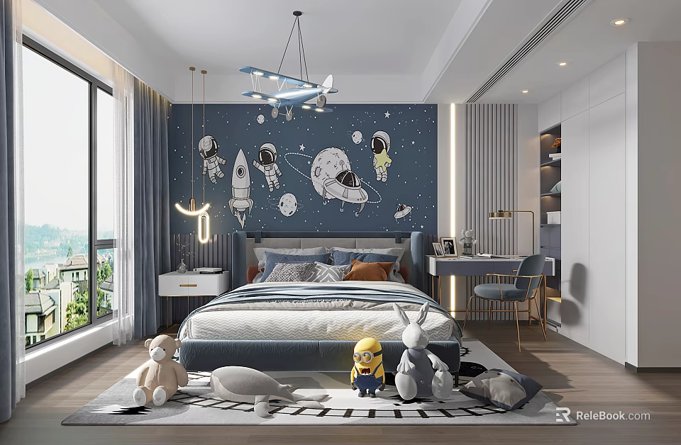 Modern Kids Room With Space Theme Wall Astronaut Murals Bed Desk Chair And Stuffed Toys 3d model 