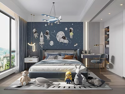 Modern Kids Room With Space Theme Wall Astronaut Murals Bed Desk Chair And Stuffed Toys 3d model