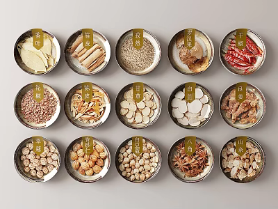 Metal Spice Jars With Various Dried Spices Arranged Neatly In Kitchen 3d model