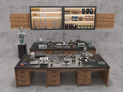 Well Organized Laboratory Workbench With Tools Shelves Anatomical Model And Instruments 3d model